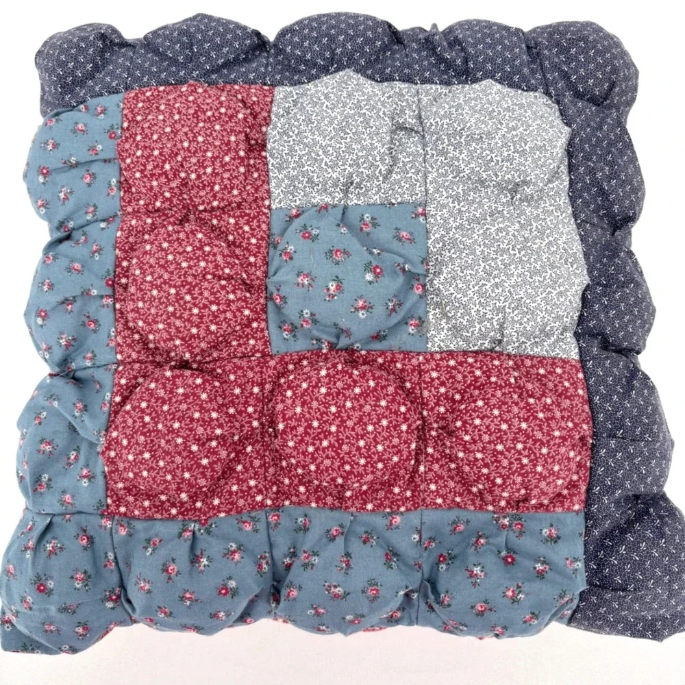 Handmade Puff Quilt Throw Pillow Floral Calico Patchwork Biscuit Style Square